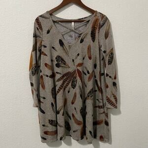 Lilypad Feather Print Swing Dress S Criss Cross Neck A-Line Mini